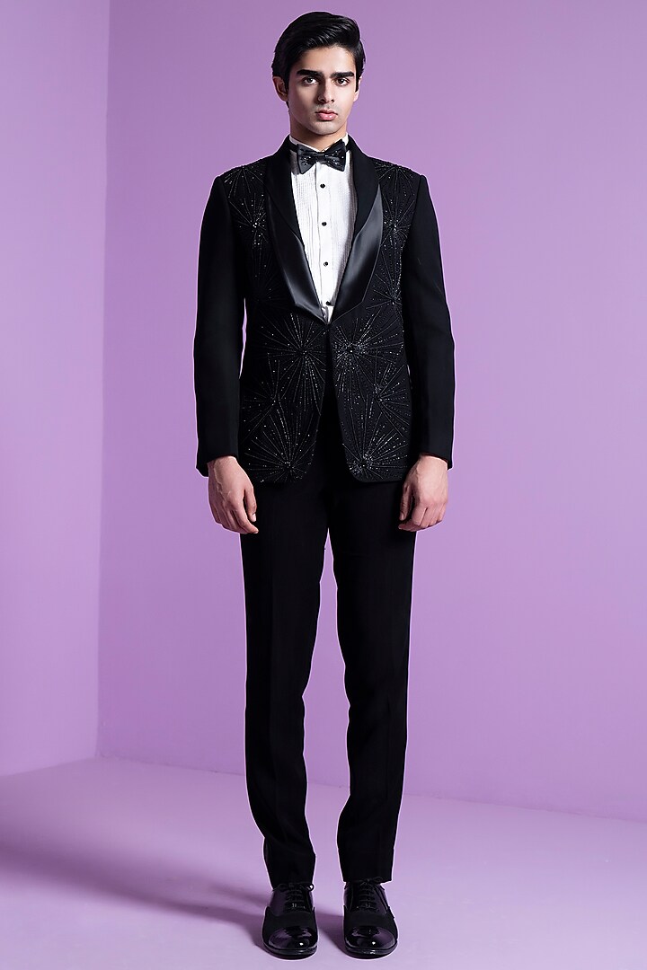 Black Italian Suiting Embroidered Tuxedo Set by Contrast By Parth at Pernia's Pop Up Shop