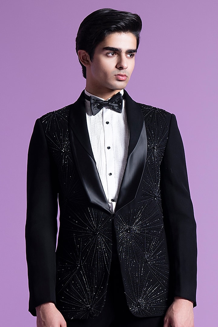 Black Italian Suiting Embroidered Tuxedo Set by Contrast By Parth at Pernia's Pop Up Shop
