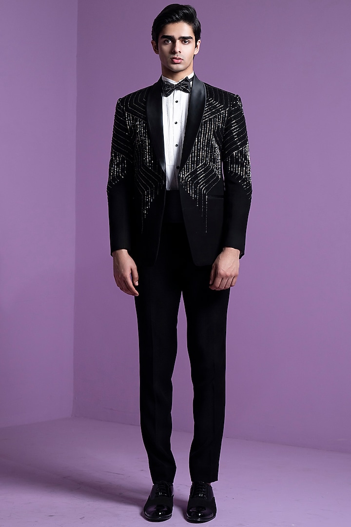 Black Italian Suiting Embroidered Tuxedo Set by Contrast By Parth