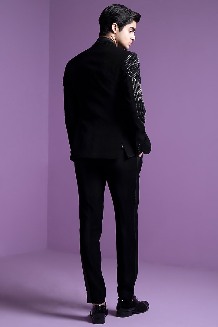 Black Italian Suiting Embroidered Tuxedo Set by Contrast By Parth at Pernia's Pop Up Shop