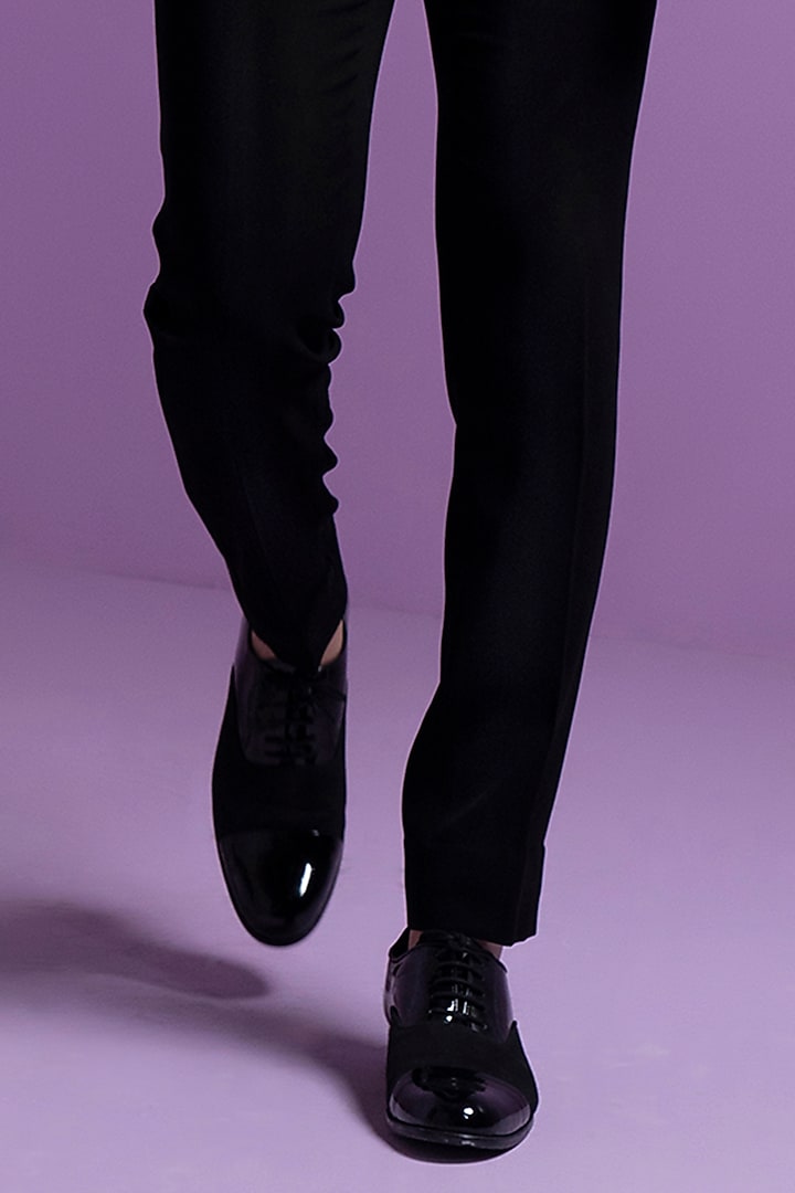 Black Italian Suiting Embroidered Tuxedo Set by Contrast By Parth at Pernia's Pop Up Shop
