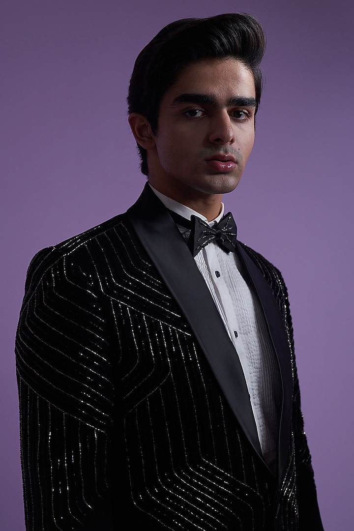 Black Italian Suiting Embroidered Tuxedo Set by Contrast By Parth at Pernia's Pop Up Shop
