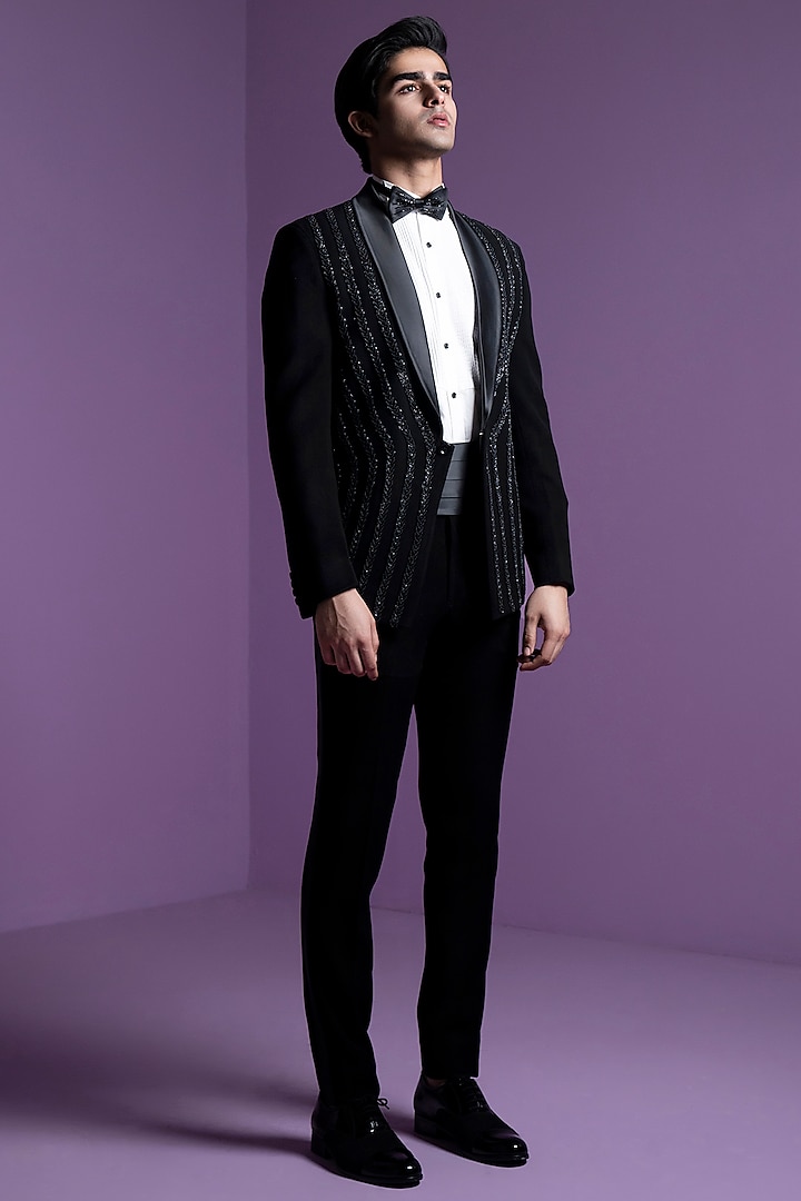 Black Italian Suiting Embroidered Tuxedo Set by Contrast By Parth