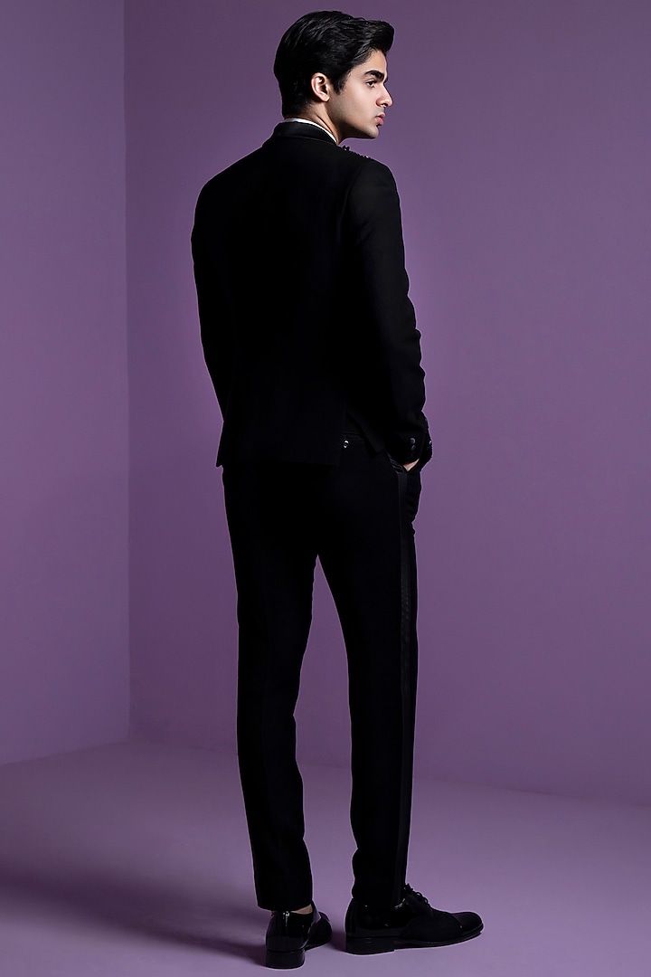 Black Italian Suiting Embroidered Tuxedo Set by Contrast By Parth at Pernia's Pop Up Shop