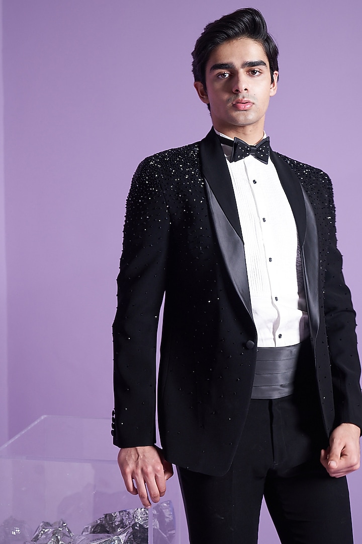Black Italian Suiting Embroidered Tuxedo Set by Contrast By Parth at Pernia's Pop Up Shop