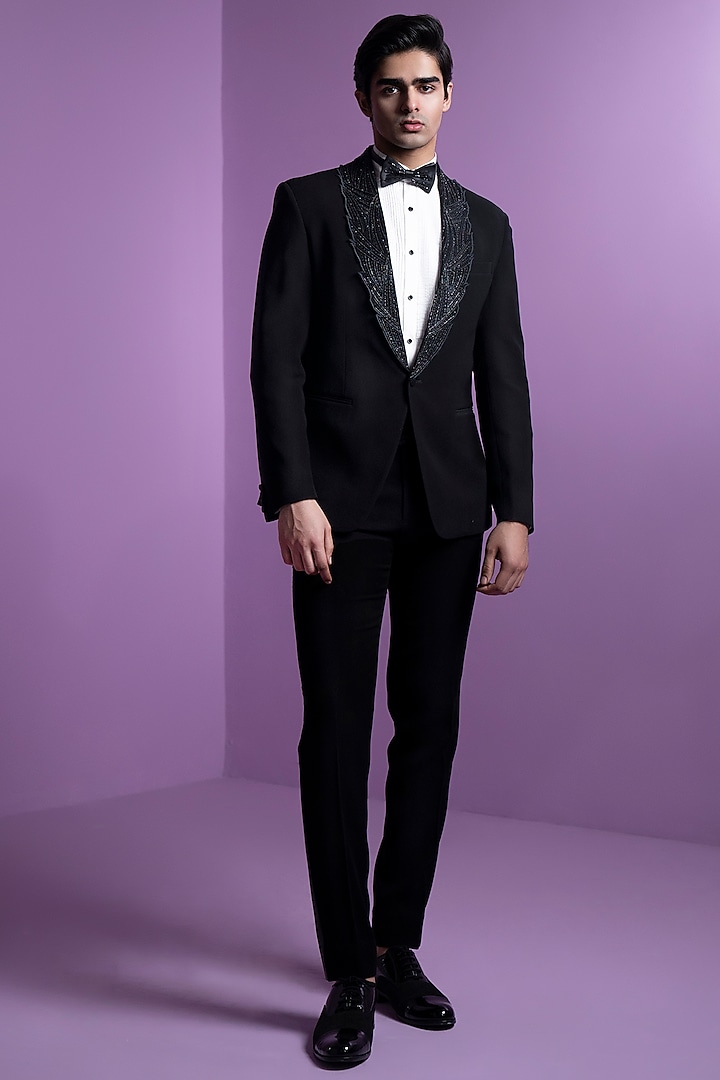 Black Italian Suiting Embroidered Tuxedo Set by Contrast By Parth