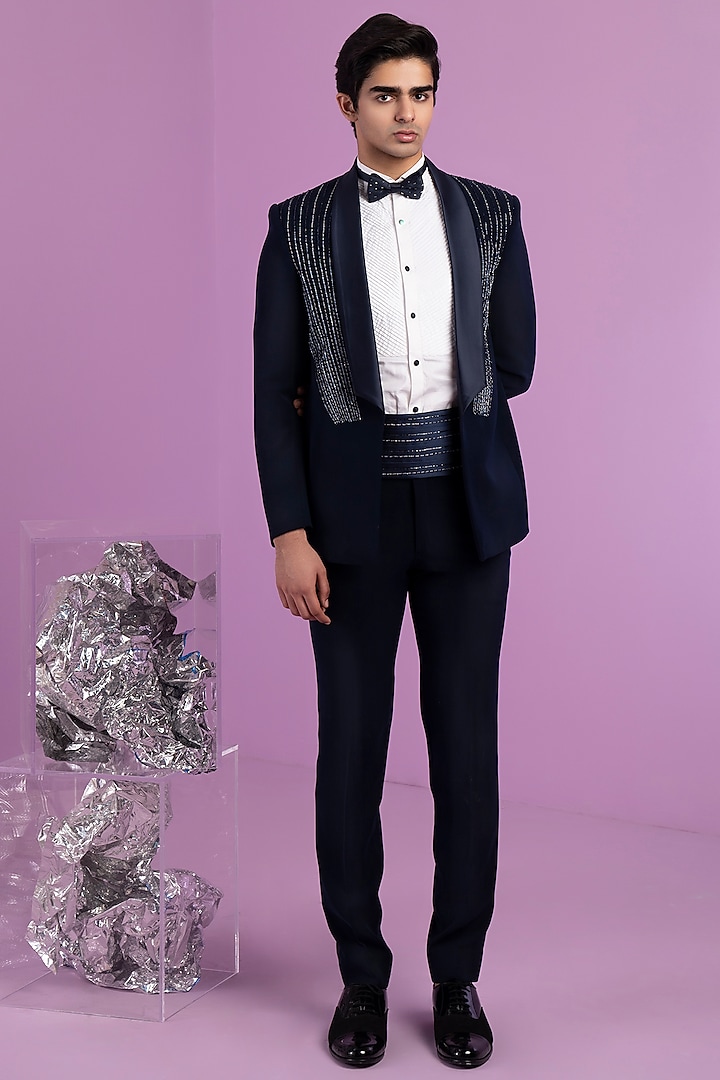 Midnight Blue Italian Suiting Embroidered Tuxedo Set by Contrast By Parth