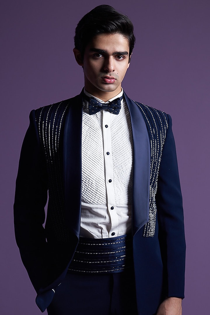 Midnight Blue Italian Suiting Embroidered Tuxedo Set by Contrast By Parth at Pernia's Pop Up Shop
