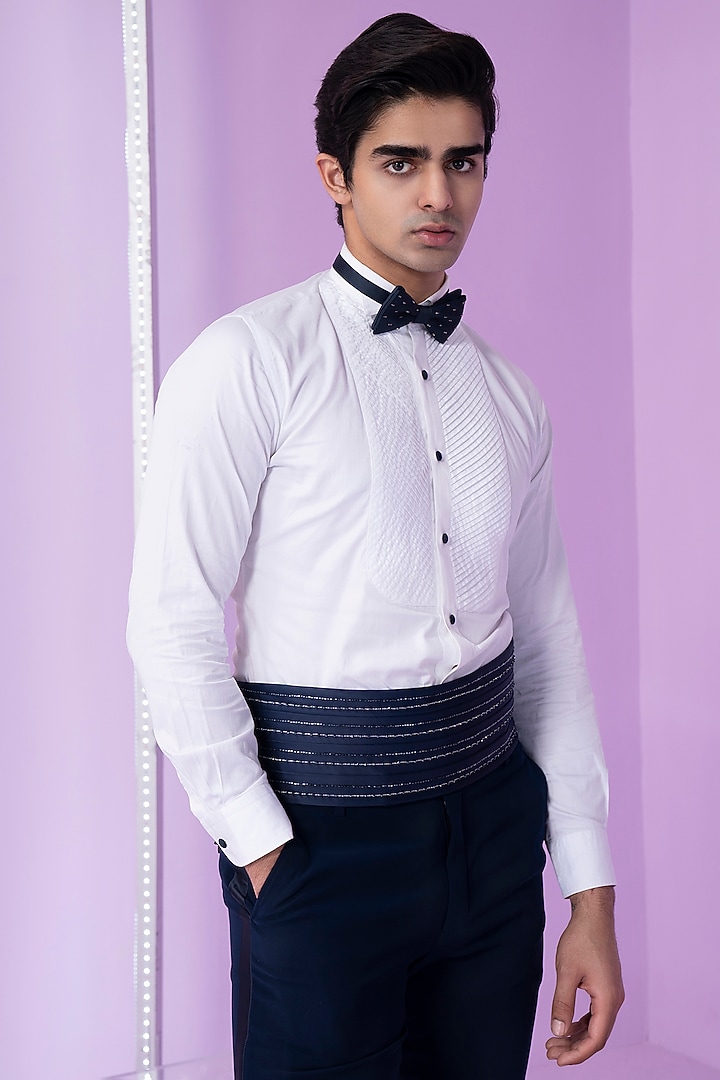 Midnight Blue Italian Suiting Embroidered Tuxedo Set by Contrast By Parth at Pernia's Pop Up Shop