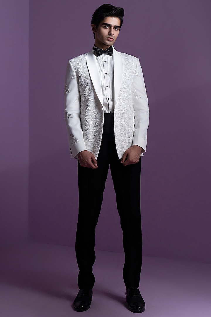 White Italian Suiting Embroidered Tuxedo Set by Contrast By Parth