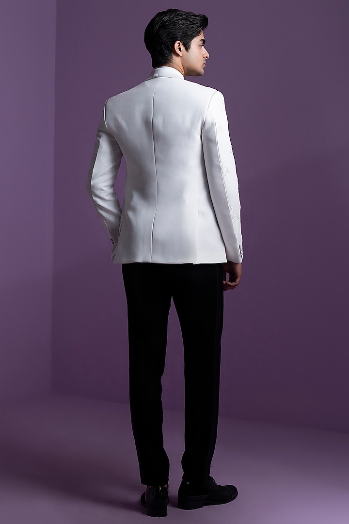 White Italian Suiting Embroidered Tuxedo Set by Contrast By Parth at Pernia's Pop Up Shop