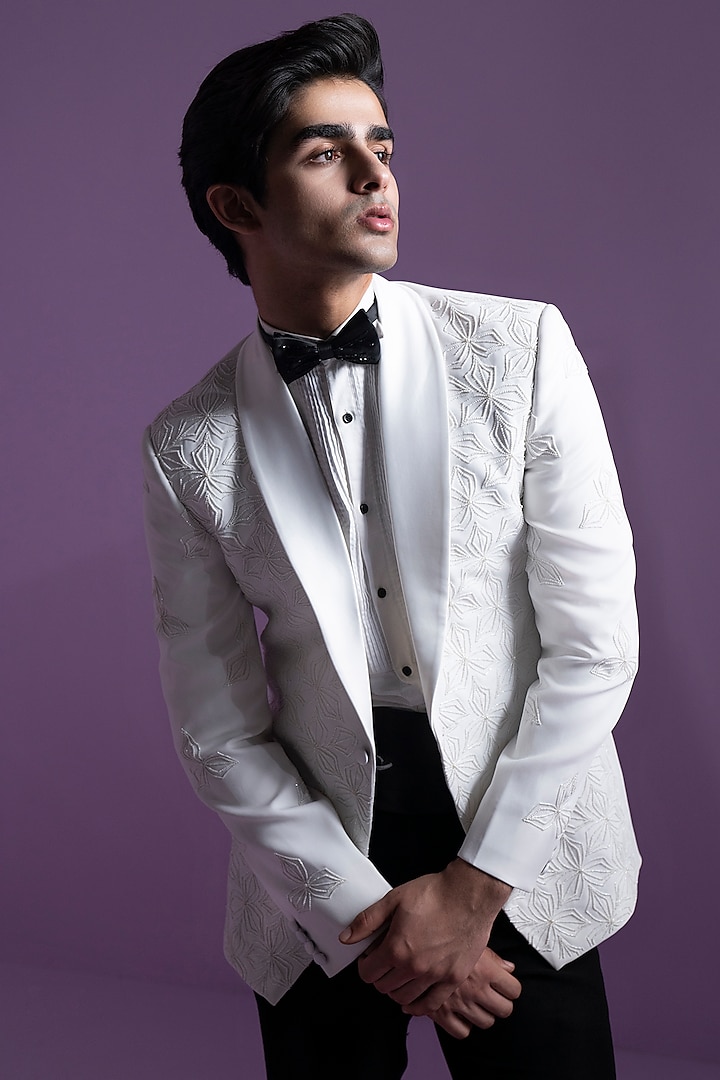 White Italian Suiting Embroidered Tuxedo Set by Contrast By Parth at Pernia's Pop Up Shop
