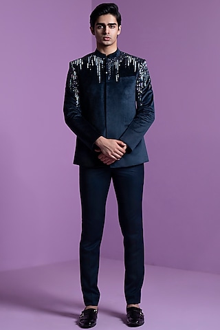 Midnight Blue Suede Embroidered Bandhgala Set by Contrast By Parth