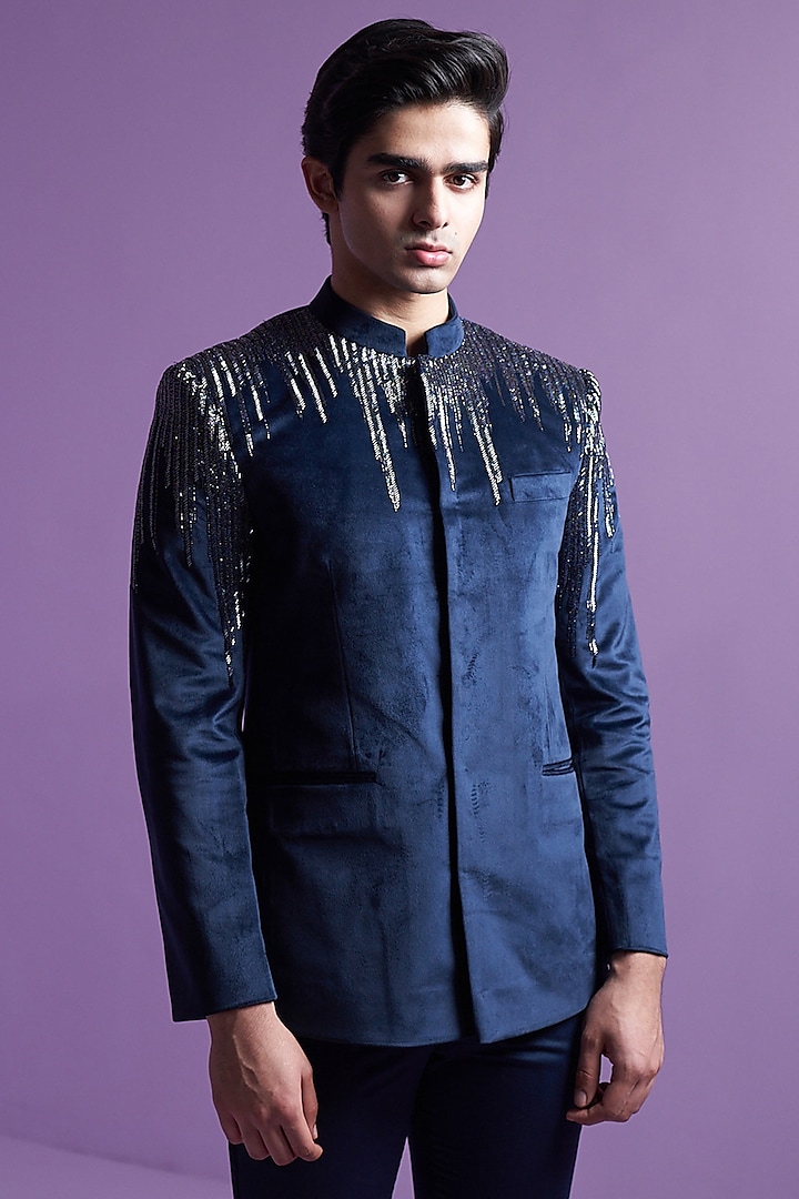 Midnight Blue Suede Embroidered Bandhgala Set by Contrast By Parth