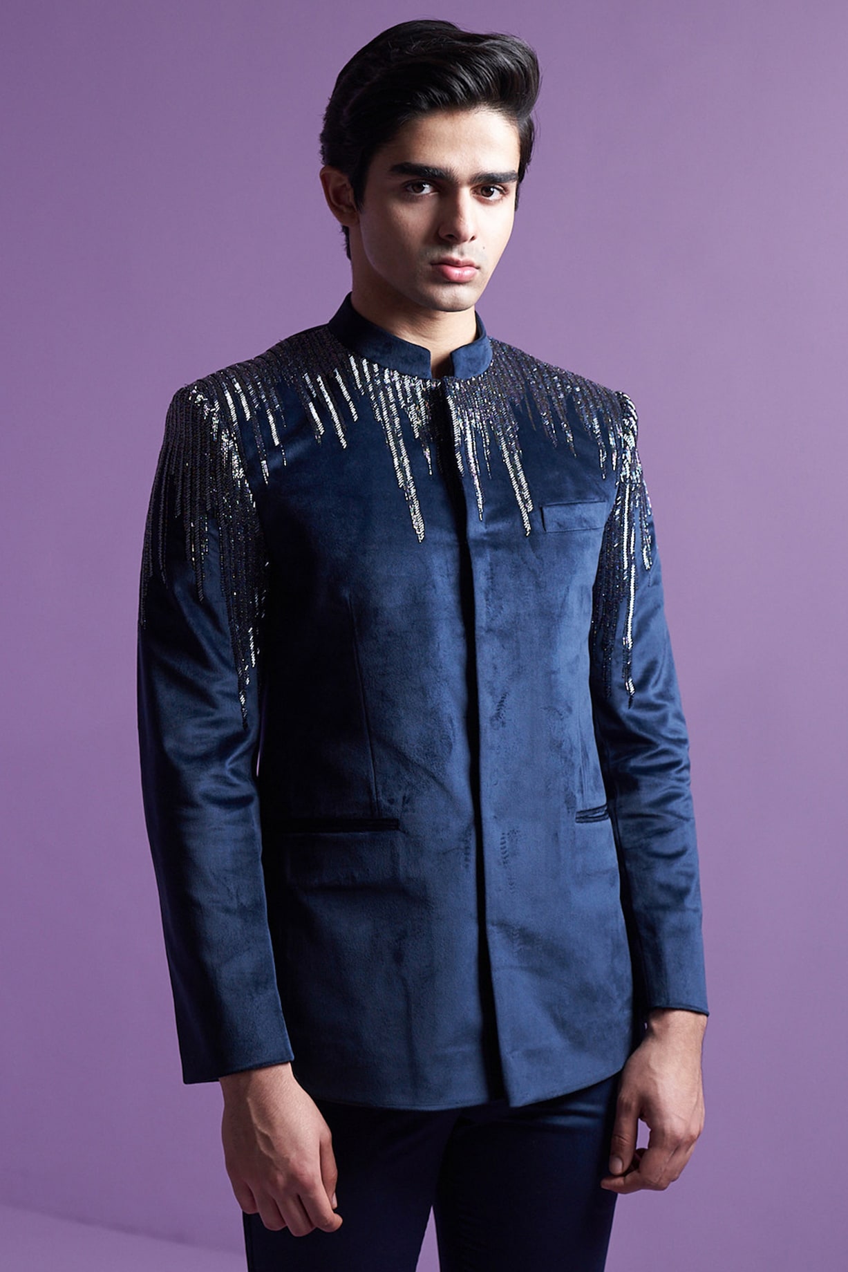 Midnight Blue Suede Embroidered Bandhgala Set by Contrast By Parth