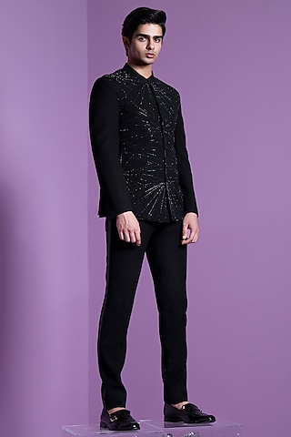 Black Italian Suiting Embroidered Bandhgala Set by Contrast By Parth