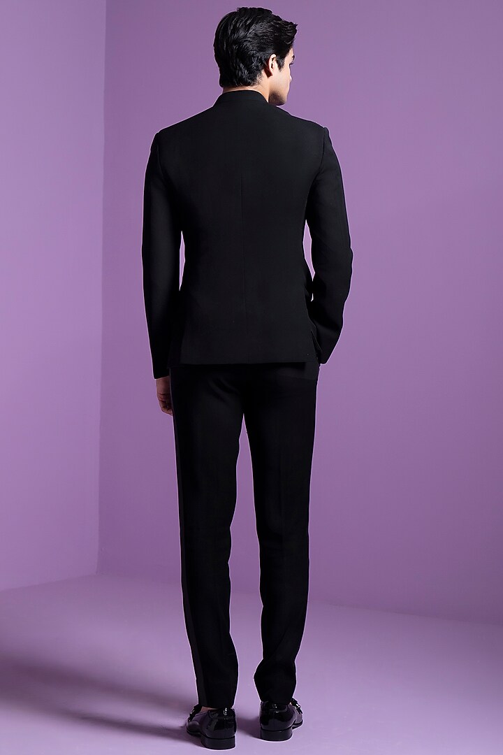 Black Italian Suiting Embroidered Wedding Bandhgala Set by Contrast By Parth at Pernia's Pop Up Shop