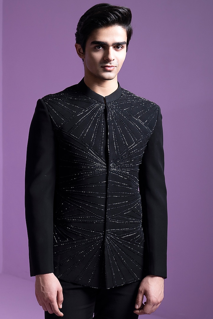 Black Italian Suiting Embroidered Wedding Bandhgala Set by Contrast By Parth at Pernia's Pop Up Shop