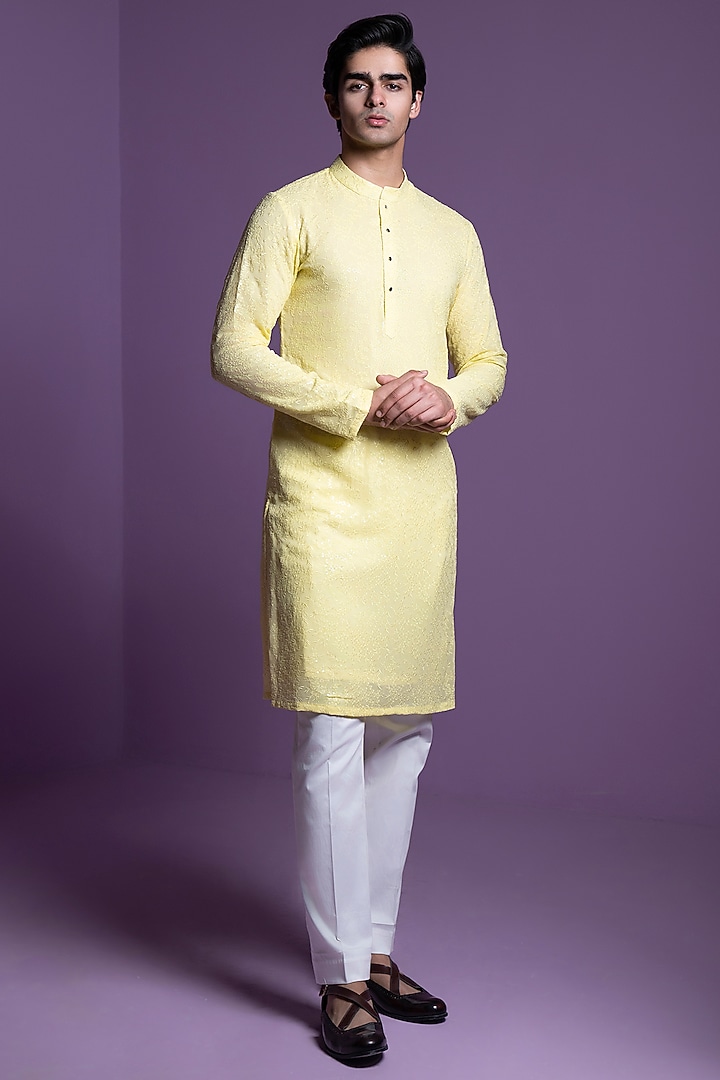 Lemon Yellow Chikankari Georgette Kurta Set by Contrast By Parth at Pernia's Pop Up Shop