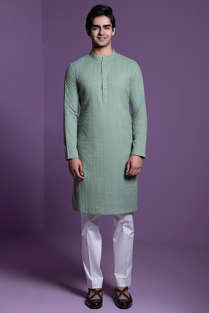 Sage Green Chikankari Georgette Kurta Set by Contrast By Parth