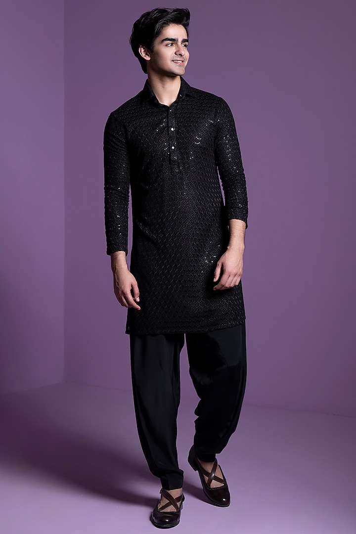 Black Chikankari Georgette Kurta Set by Contrast By Parth