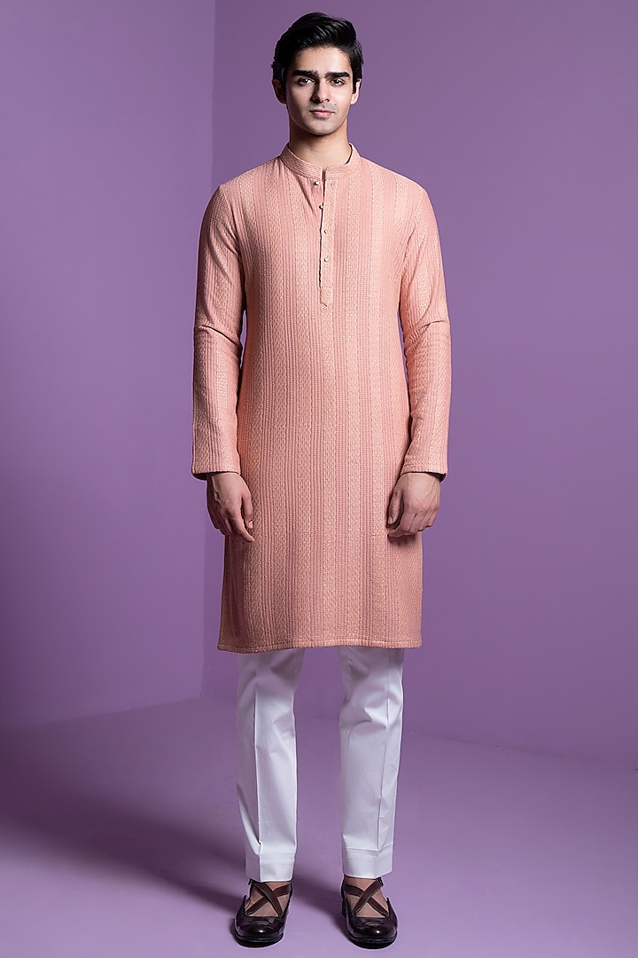 Salmon Pink Chikankari Georgette Kurta Set by Contrast By Parth