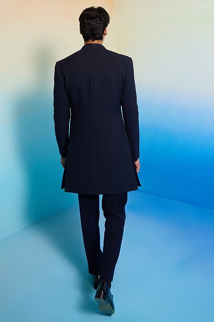 Deep Blue Textured Suiting Embellished Wedding Indowestern Set by Contrast By Parth at Pernia's Pop Up Shop