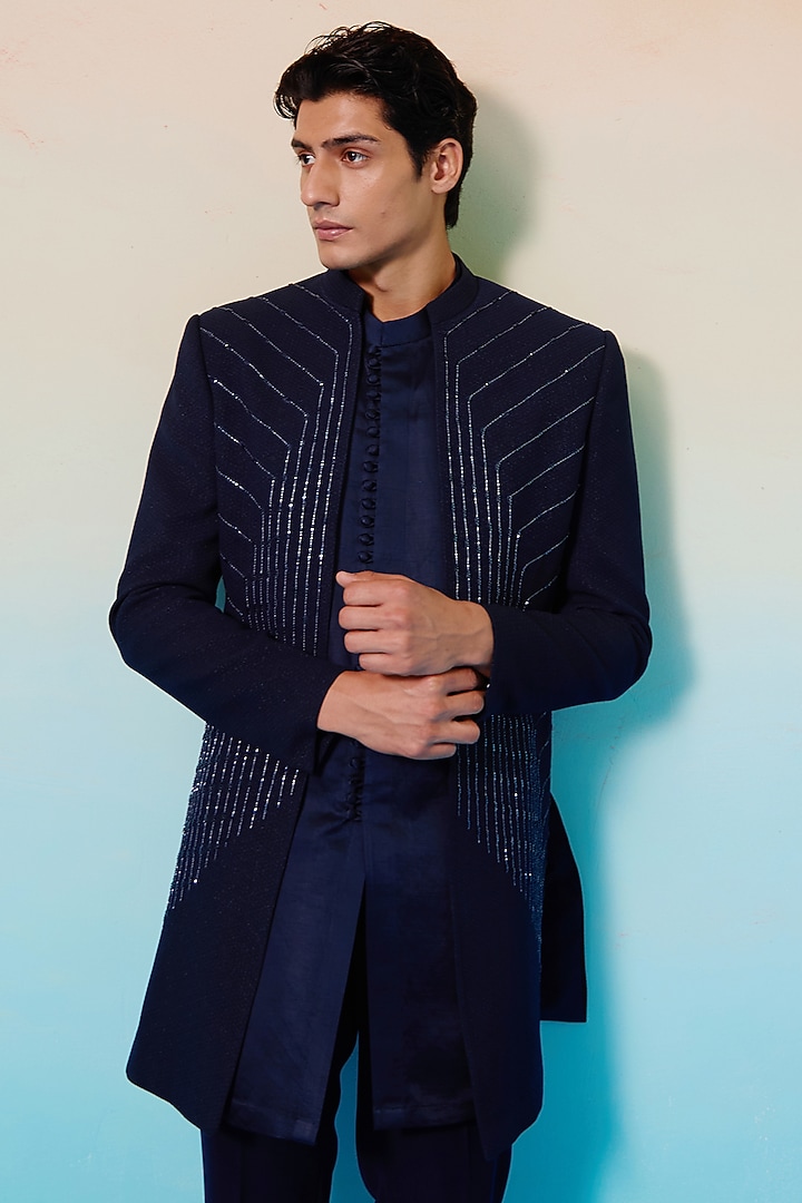 Deep Blue Textured Suiting Embellished Wedding Indowestern Set by Contrast By Parth at Pernia's Pop Up Shop