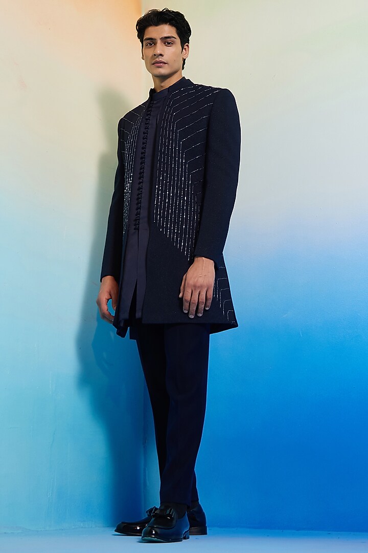 Deep Blue Textured Suiting Embellished Wedding Indowestern Set by Contrast By Parth at Pernia's Pop Up Shop