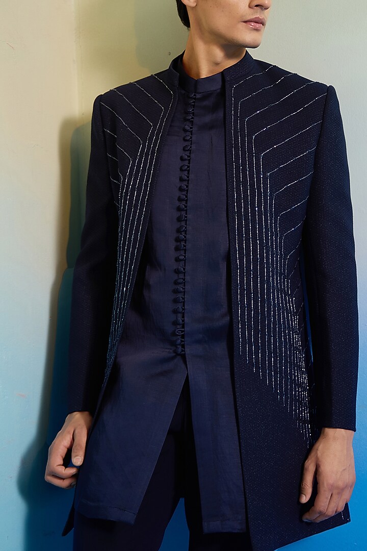 Deep Blue Textured Suiting Embellished Wedding Indowestern Set by Contrast By Parth at Pernia's Pop Up Shop