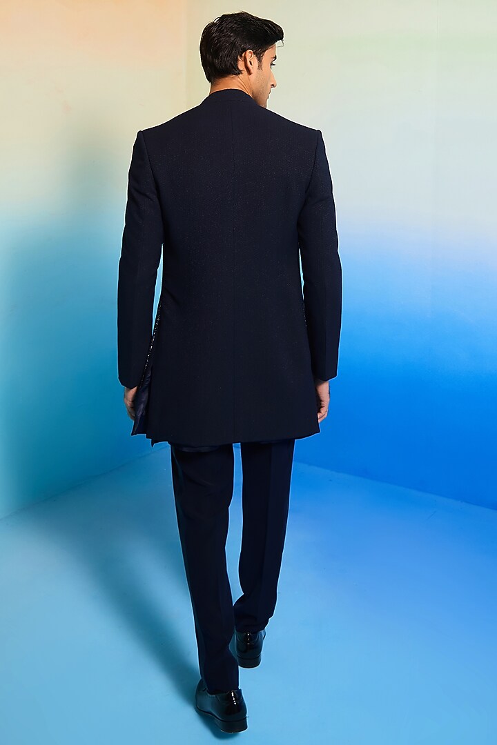 Deep Blue Textured Suiting Crystal Embellished Wedding Indowestern Set by Contrast By Parth at Pernia's Pop Up Shop