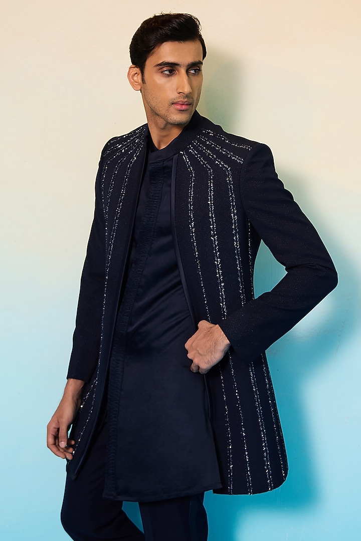 Deep Blue Textured Suiting Crystal Embellished Wedding Indowestern Set by Contrast By Parth at Pernia's Pop Up Shop