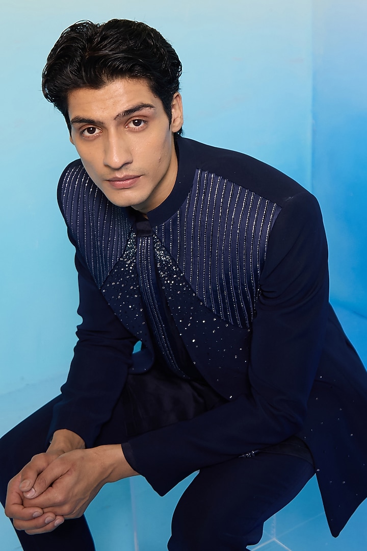 Canzo Blue Textured Suiting Embellished Wedding Indowestern Set by Contrast By Parth at Pernia's Pop Up Shop