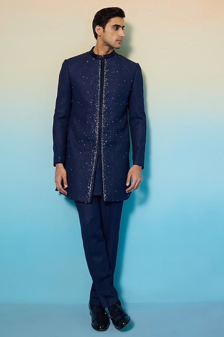 Blue Textured Suiting Crystal Embellished Achkan Jacket Set by Contrast By Parth