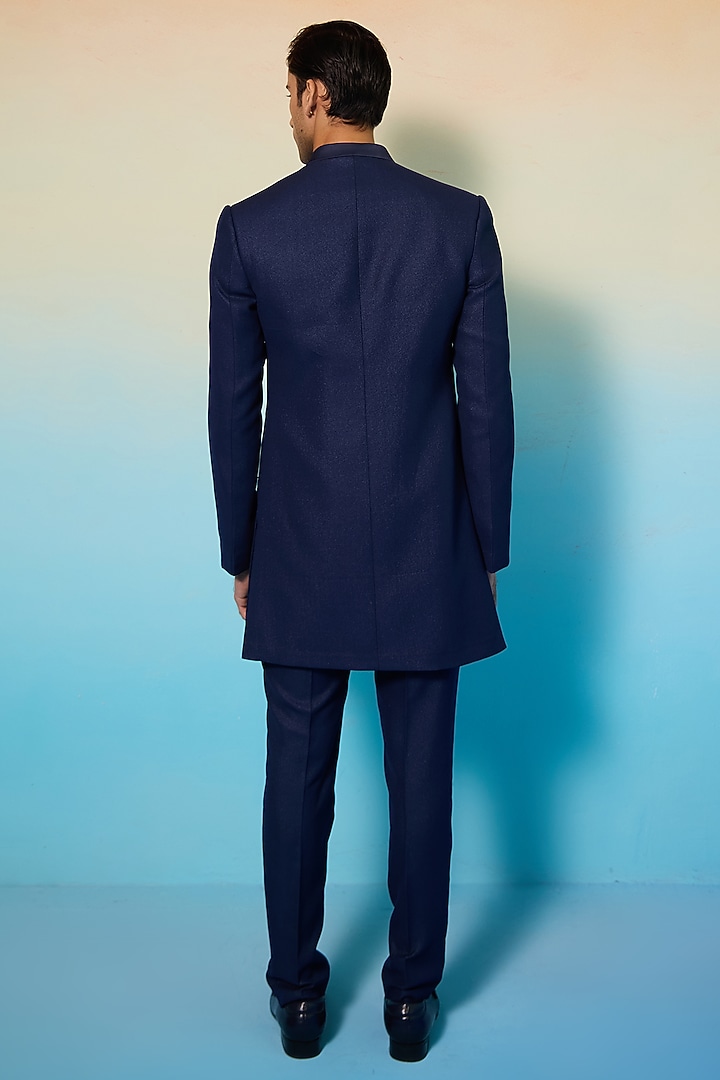 Blue Textured Suiting Crystal Embellished Achkan Jacket Set by Contrast By Parth at Pernia's Pop Up Shop