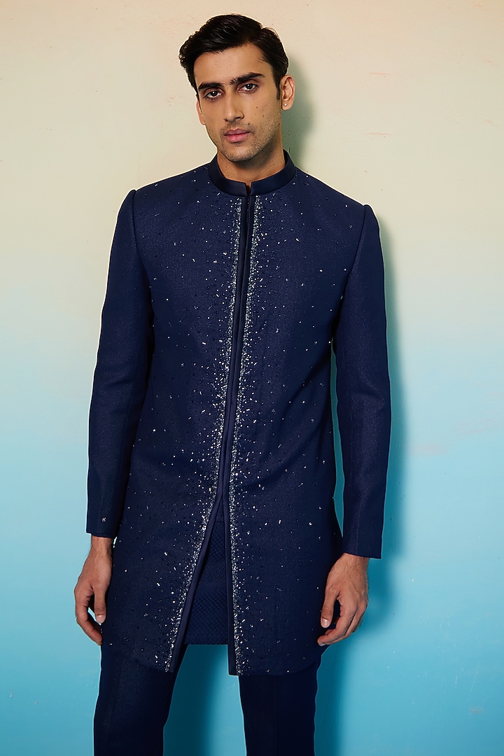 Blue Textured Suiting Crystal Embellished Achkan Jacket Set by Contrast By Parth at Pernia's Pop Up Shop