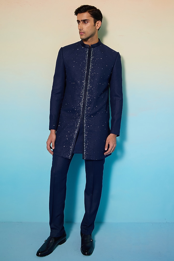 Blue Textured Suiting Crystal Embellished Achkan Jacket Set by Contrast By Parth at Pernia's Pop Up Shop