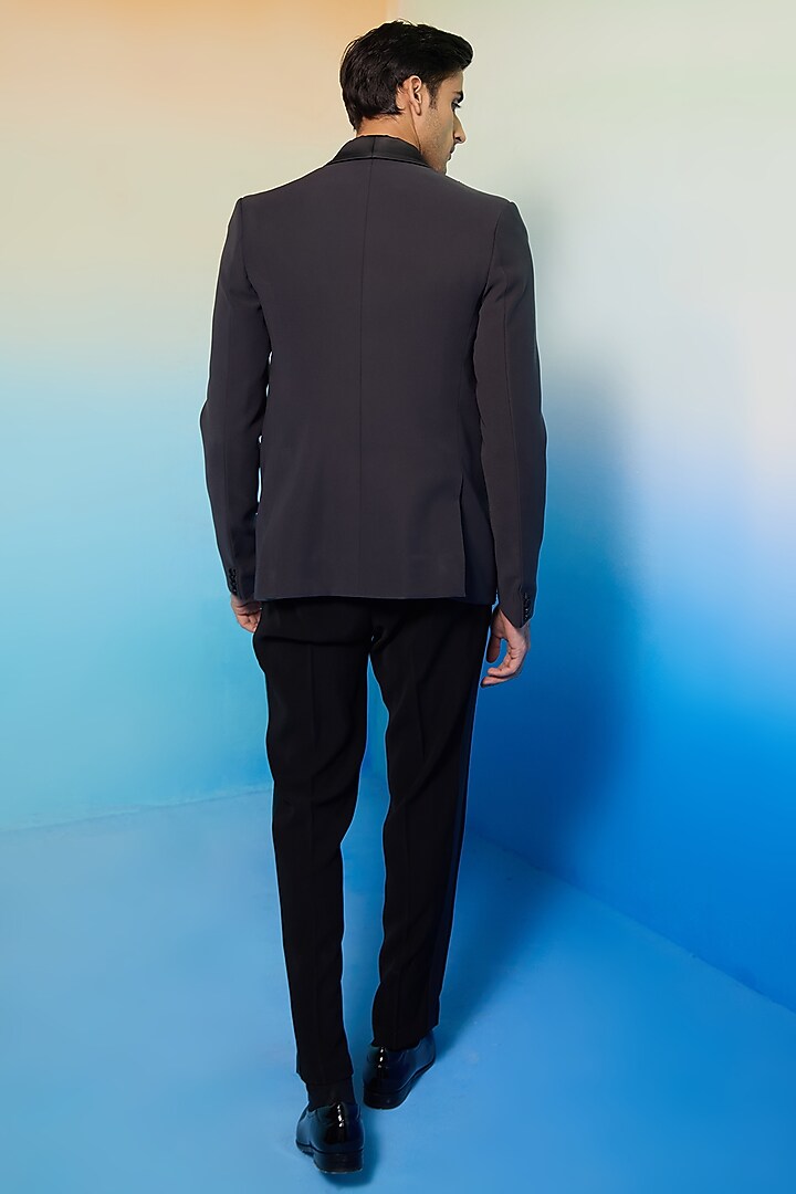 Charcoal Grey Suiting Hand Embroidered Tuxedo Set by Contrast By Parth at Pernia's Pop Up Shop
