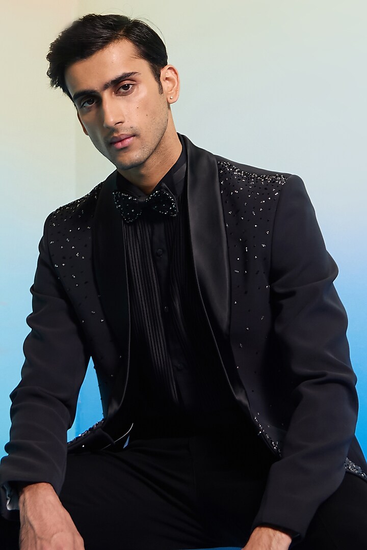 Charcoal Grey Suiting Hand Embroidered Tuxedo Set by Contrast By Parth at Pernia's Pop Up Shop