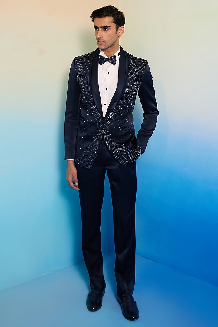 Blue Sandwash Suiting Crystal Embroidered Tuxedo Set by Contrast By Parth at Pernia's Pop Up Shop