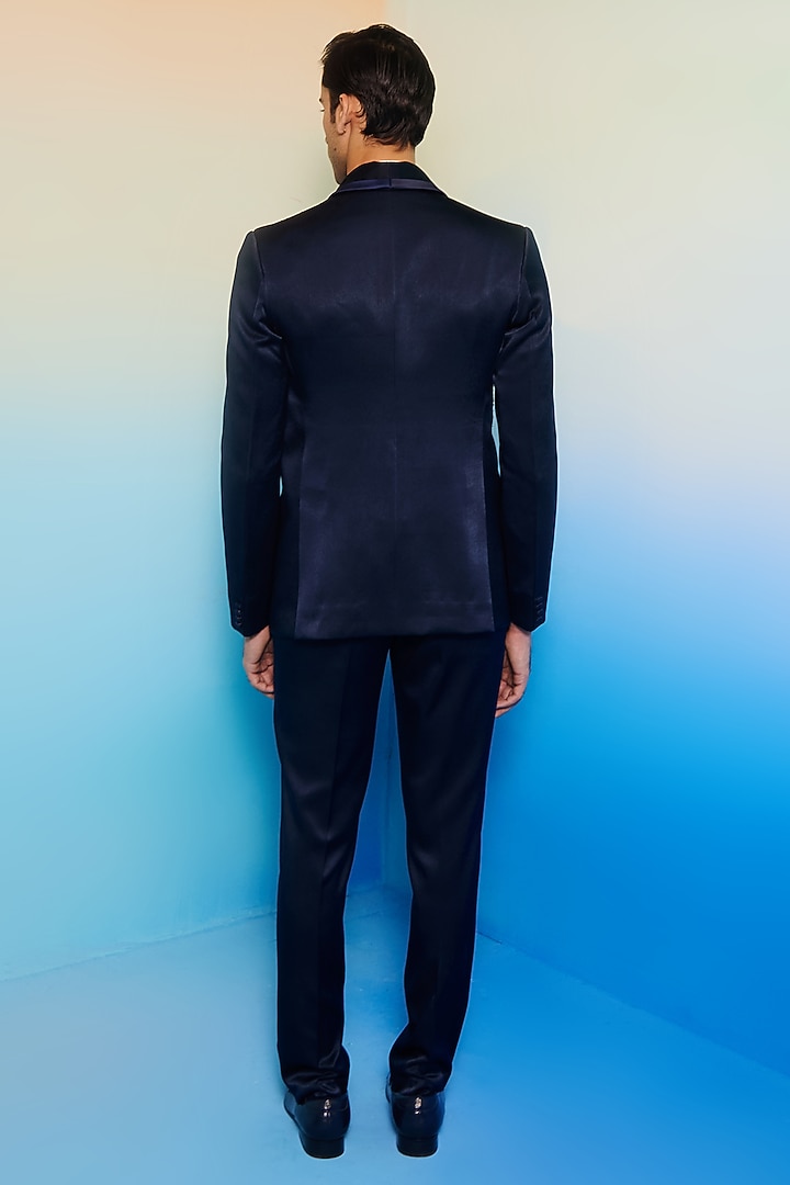 Blue Sandwash Suiting Crystal Embroidered Tuxedo Set by Contrast By Parth at Pernia's Pop Up Shop