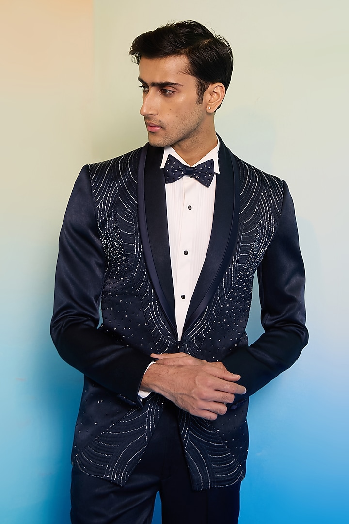 Blue Sandwash Suiting Crystal Embroidered Tuxedo Set by Contrast By Parth at Pernia's Pop Up Shop