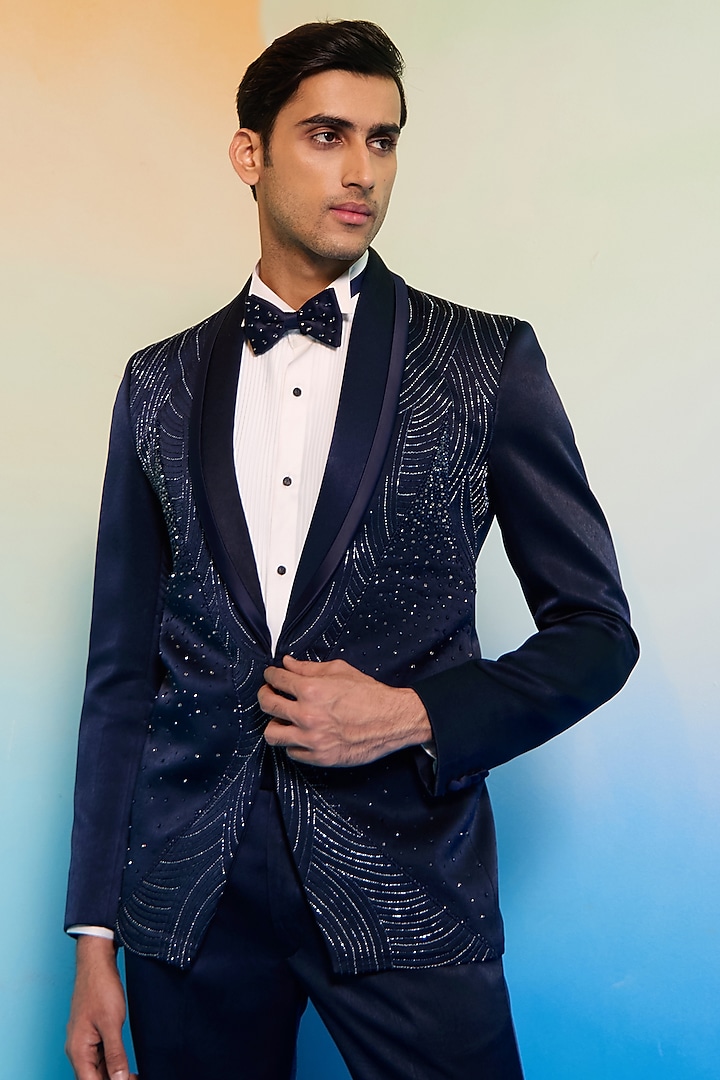 Blue Sandwash Suiting Crystal Embroidered Tuxedo Set by Contrast By Parth at Pernia's Pop Up Shop
