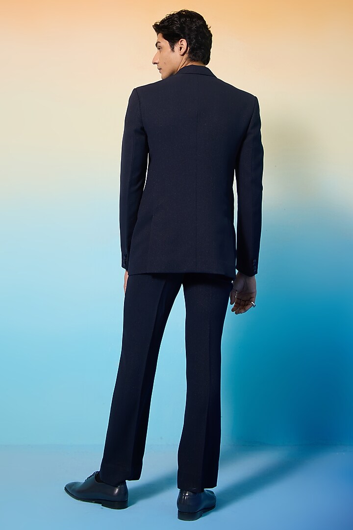 Blue Textured Suiting Double Breasted Blazer Set by Contrast By Parth at Pernia's Pop Up Shop