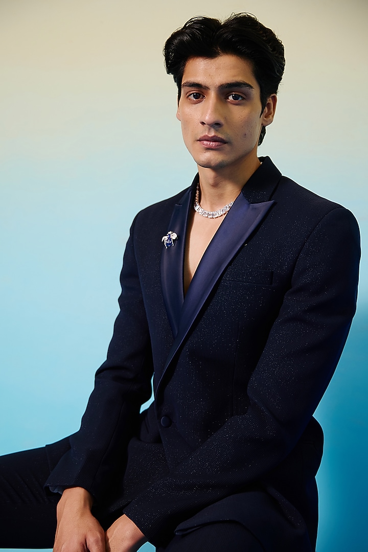 Blue Textured Suiting Double Breasted Blazer Set by Contrast By Parth at Pernia's Pop Up Shop