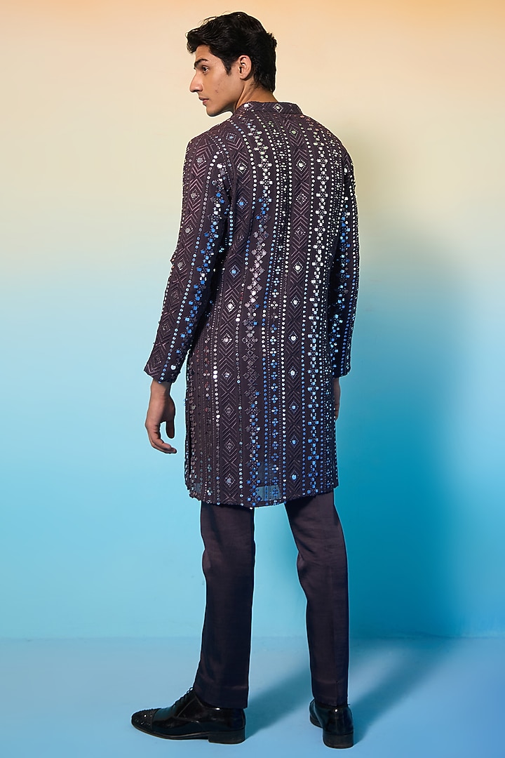 Deep Purple Georgette Mirror Embellished Kurta Set by Contrast By Parth at Pernia's Pop Up Shop