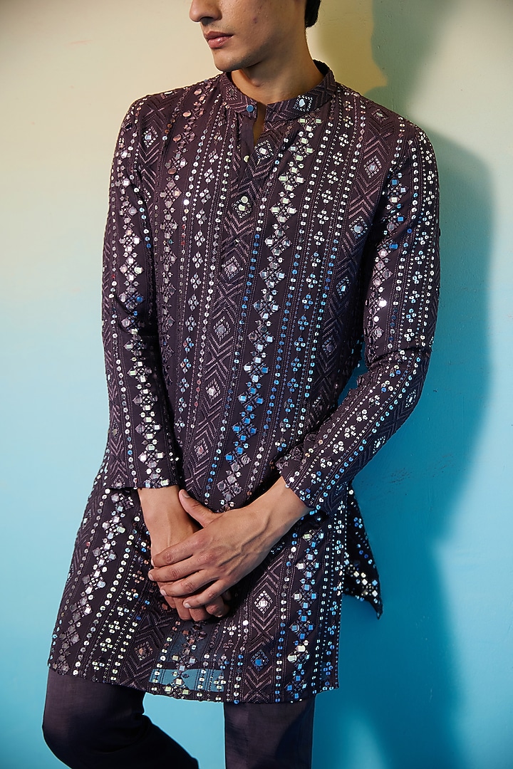 Deep Purple Georgette Mirror Embellished Kurta Set by Contrast By Parth at Pernia's Pop Up Shop
