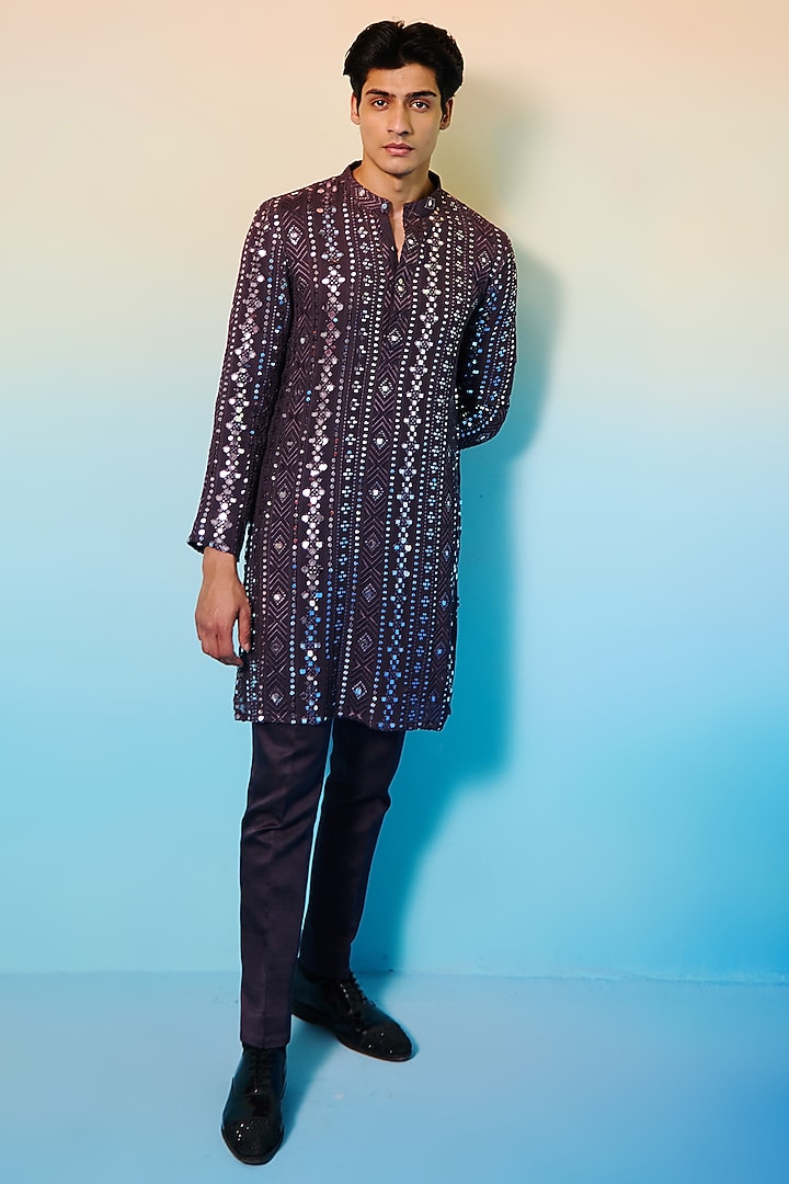 Deep Purple Georgette Mirror Embellished Kurta Set by Contrast By Parth at Pernia's Pop Up Shop