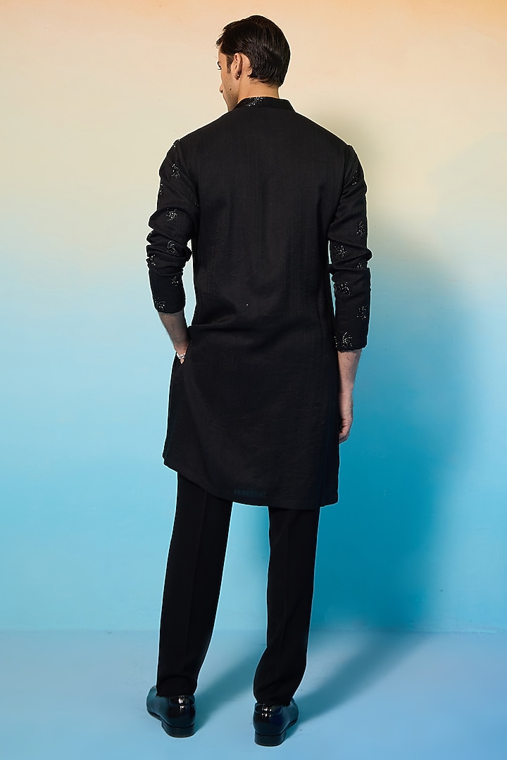 Black Pure Silk Hand Embroidered Kurta Set by Contrast By Parth at Pernia's Pop Up Shop