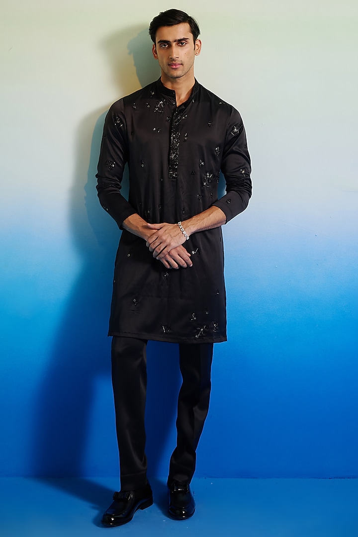 Black Tokyo Satin Hand Embroidered Kurta Set by Contrast By Parth